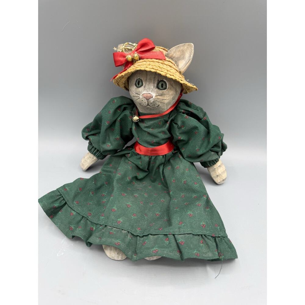 Vintage Wood Cat Doll Green Dress Straw Hat Christmas Folk Art Decor